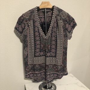 Lucky Brand Top Women’s Medium Blue Pink V Neck Boho Cotton Blend New